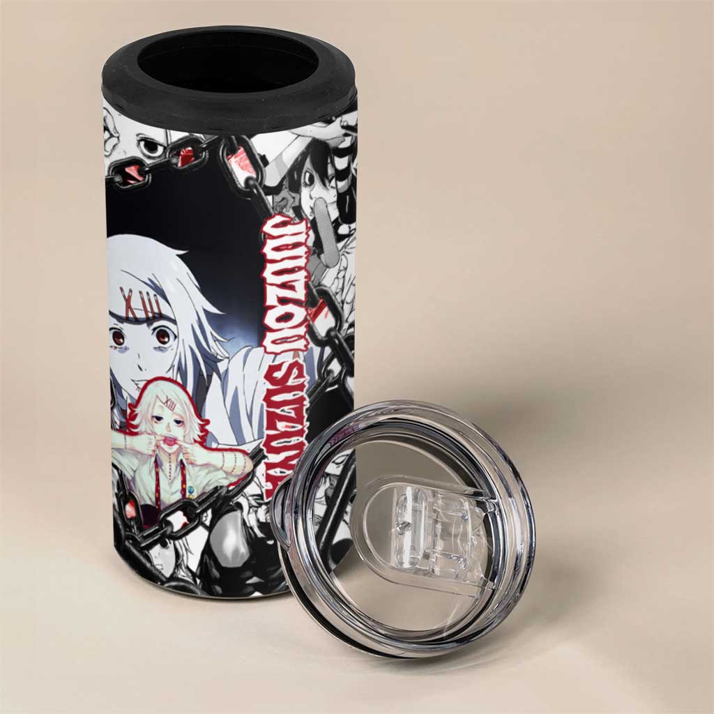 Juuzou Suzuya Tokyo Ghoul Black and White Manga Style Design 4 in 1 Can Cooler Tumbler with Red Accents and Chain Weapon Motif - The Mazicc