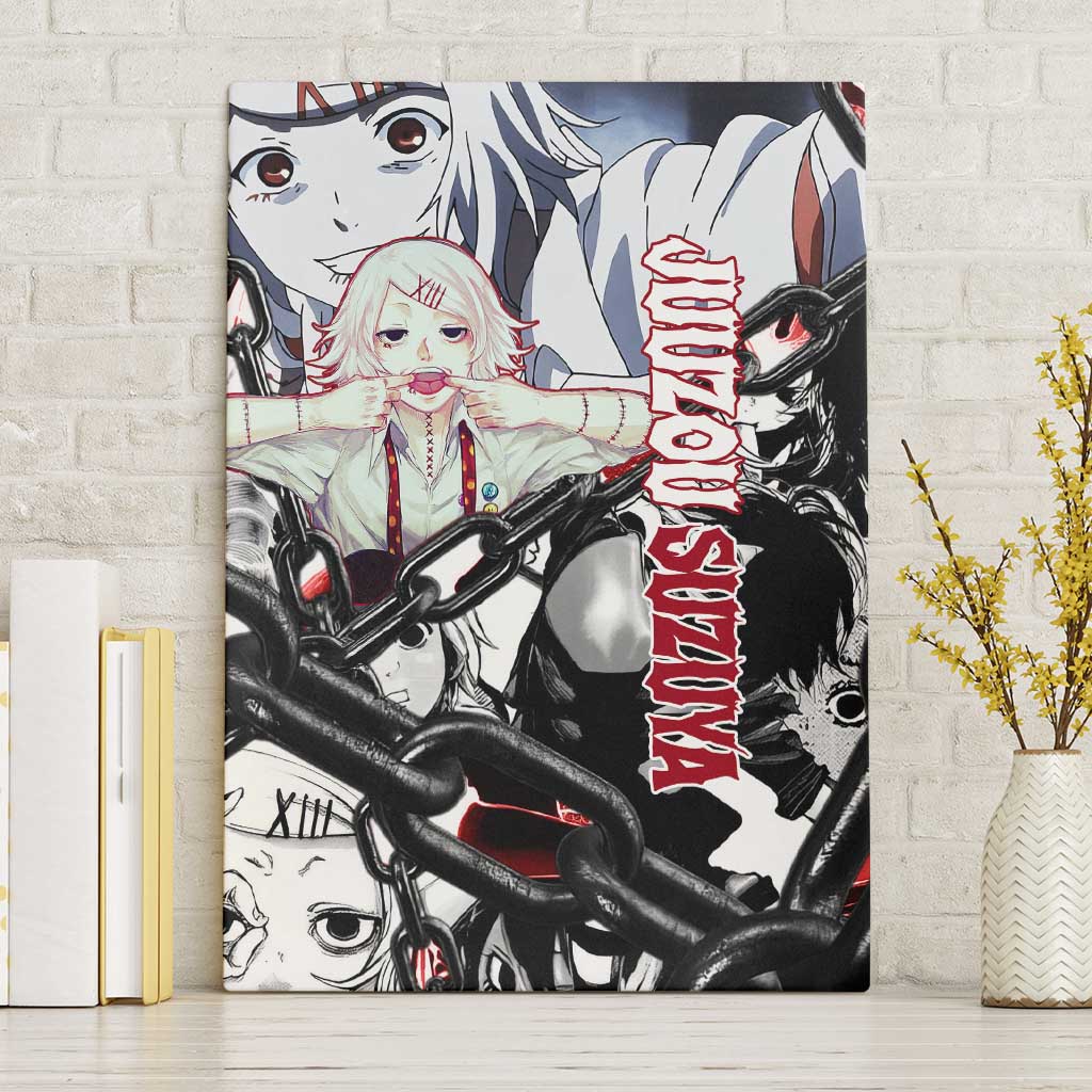 Juuzou Suzuya Tokyo Ghoul Black and White Manga Style Design Canvas Wall Art with Red Accents and Chain Weapon Motif - The Mazicc