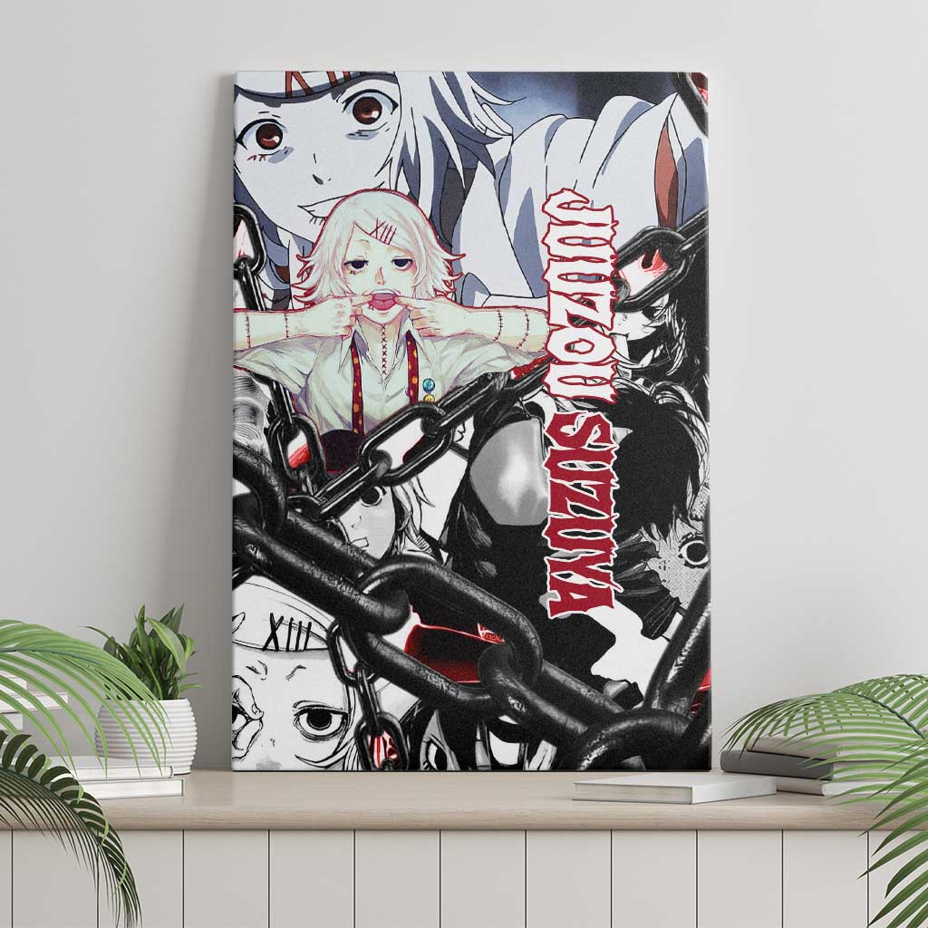 Juuzou Suzuya Tokyo Ghoul Black and White Manga Style Design Canvas Wall Art with Red Accents and Chain Weapon Motif - The Mazicc