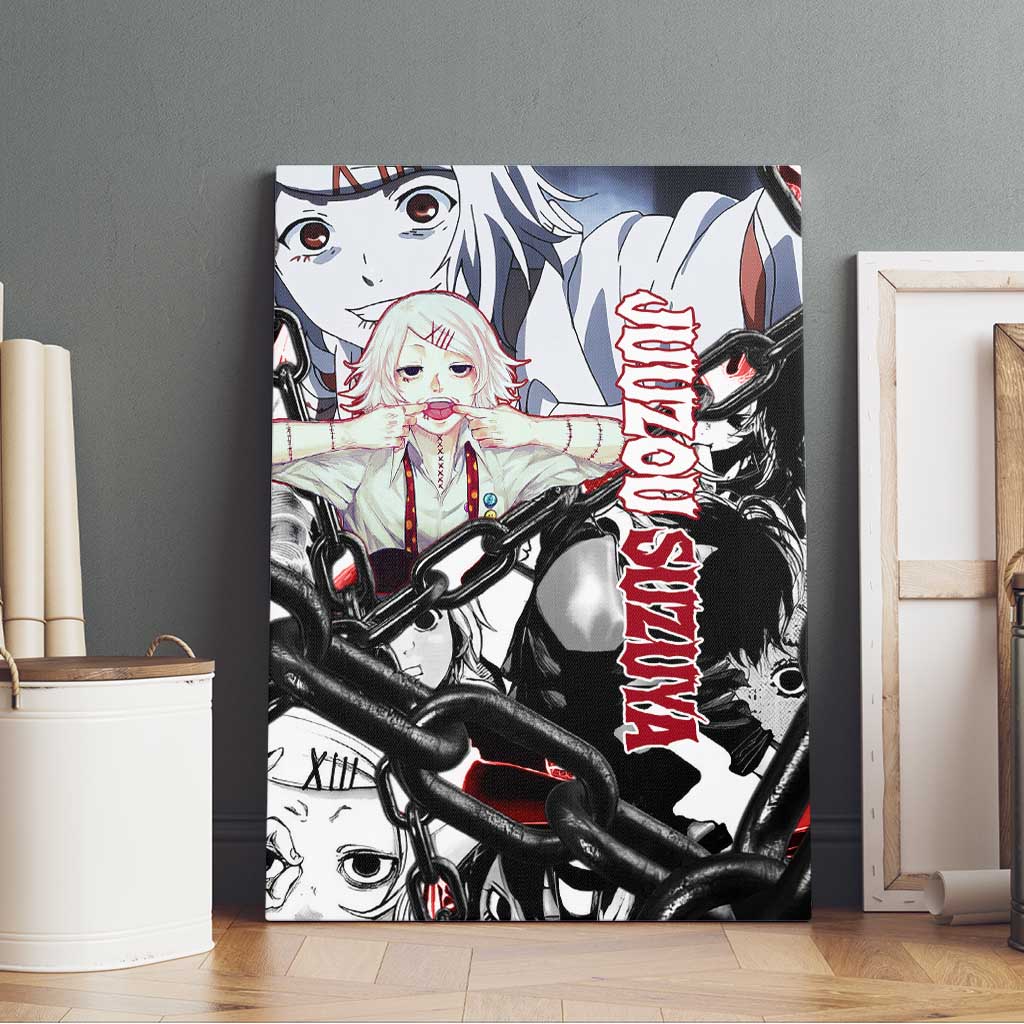 Juuzou Suzuya Tokyo Ghoul Black and White Manga Style Design Canvas Wall Art with Red Accents and Chain Weapon Motif - The Mazicc
