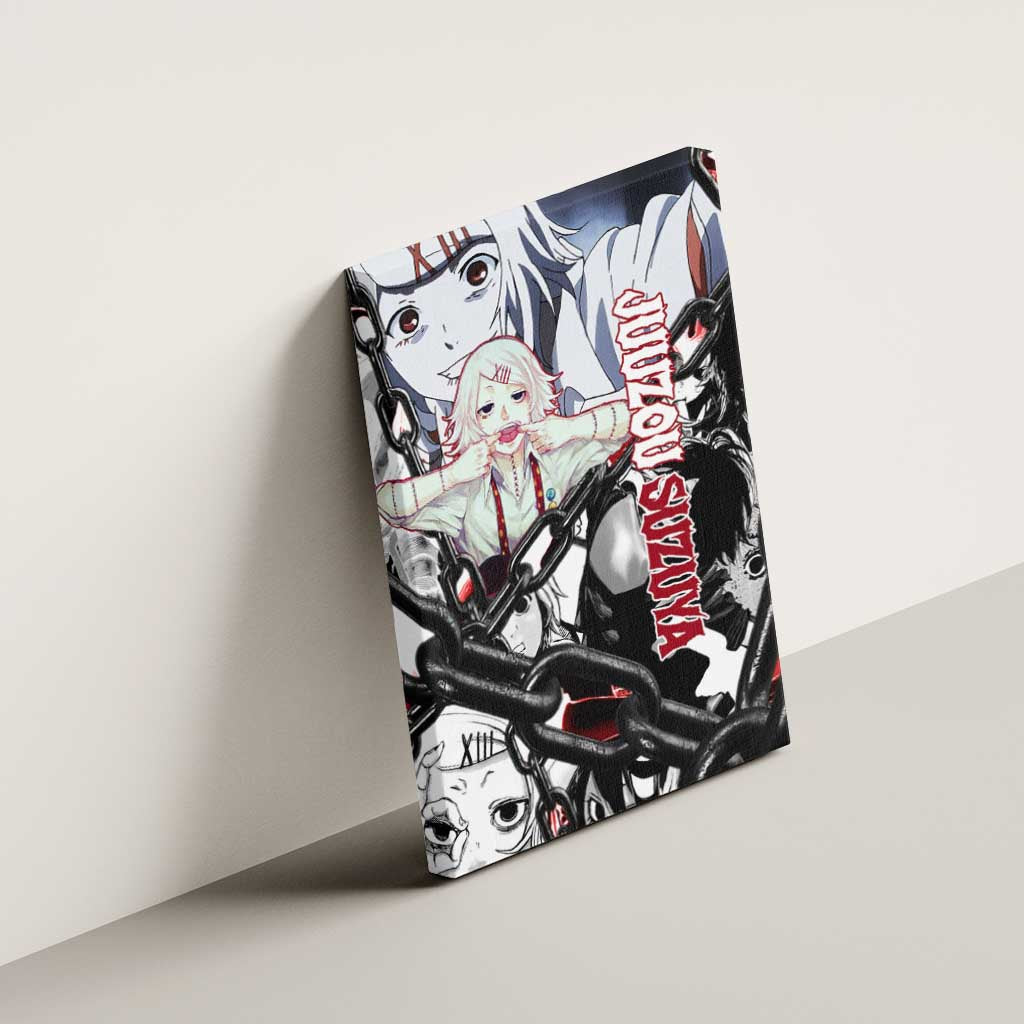 Juuzou Suzuya Tokyo Ghoul Black and White Manga Style Design Canvas Wall Art with Red Accents and Chain Weapon Motif - The Mazicc