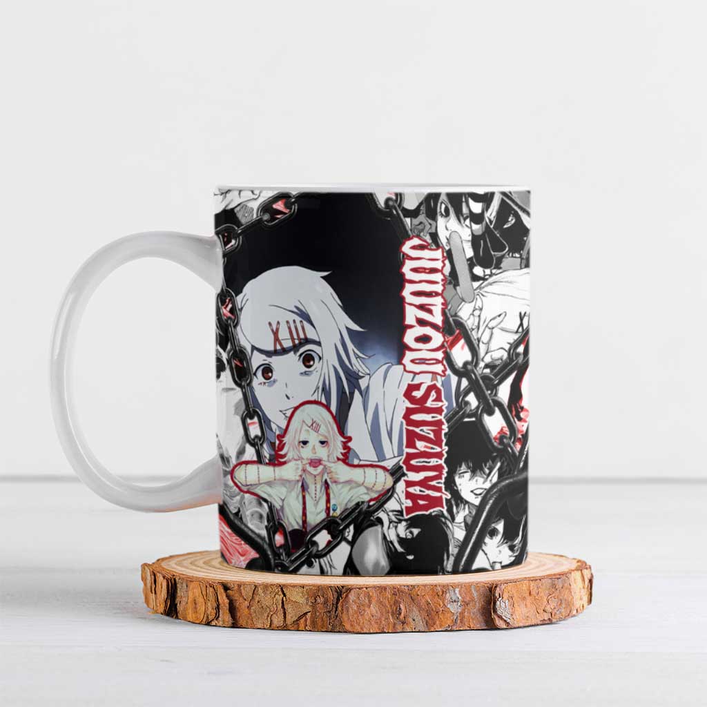 Juuzou Suzuya Tokyo Ghoul Black and White Manga Style Design Ceramic Mug with Red Accents and Chain Weapon Motif - The Mazicc