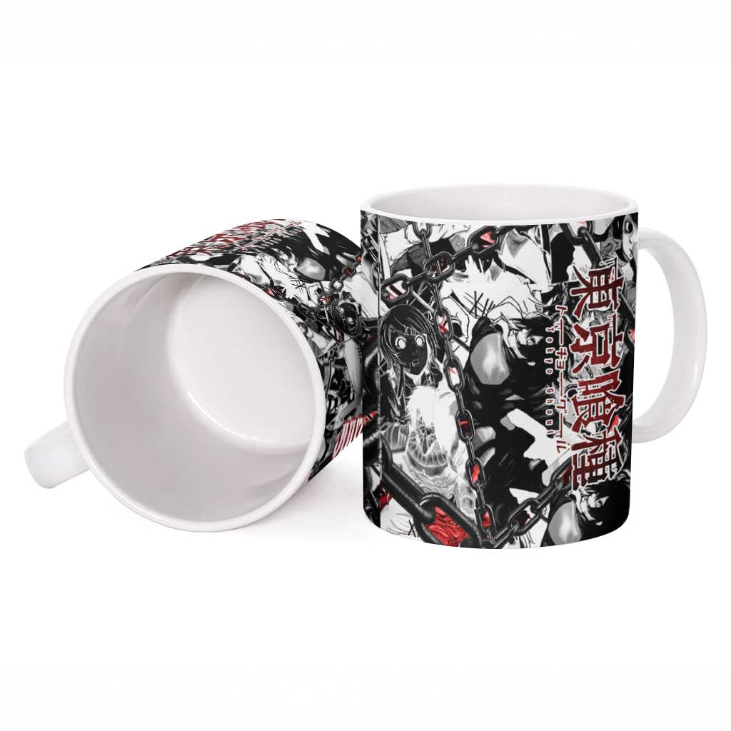 Juuzou Suzuya Tokyo Ghoul Black and White Manga Style Design Ceramic Mug with Red Accents and Chain Weapon Motif - The Mazicc
