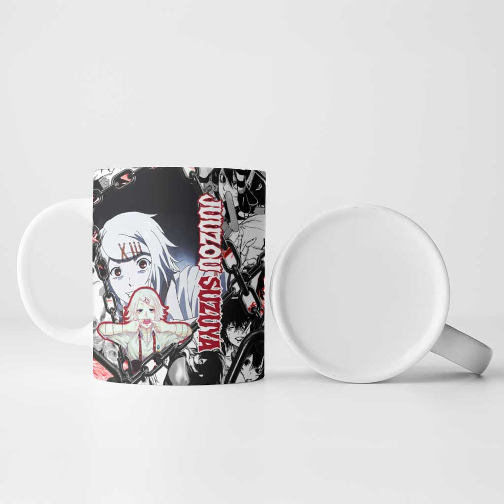 Juuzou Suzuya Tokyo Ghoul Black and White Manga Style Design Ceramic Mug with Red Accents and Chain Weapon Motif - The Mazicc