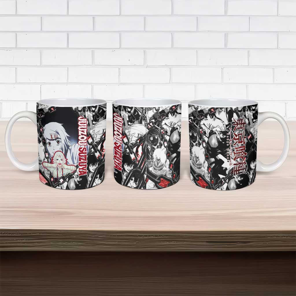 Juuzou Suzuya Tokyo Ghoul Black and White Manga Style Design Ceramic Mug with Red Accents and Chain Weapon Motif - The Mazicc