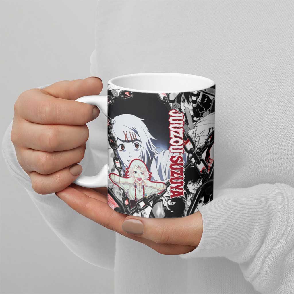 Juuzou Suzuya Tokyo Ghoul Black and White Manga Style Design Ceramic Mug with Red Accents and Chain Weapon Motif - The Mazicc