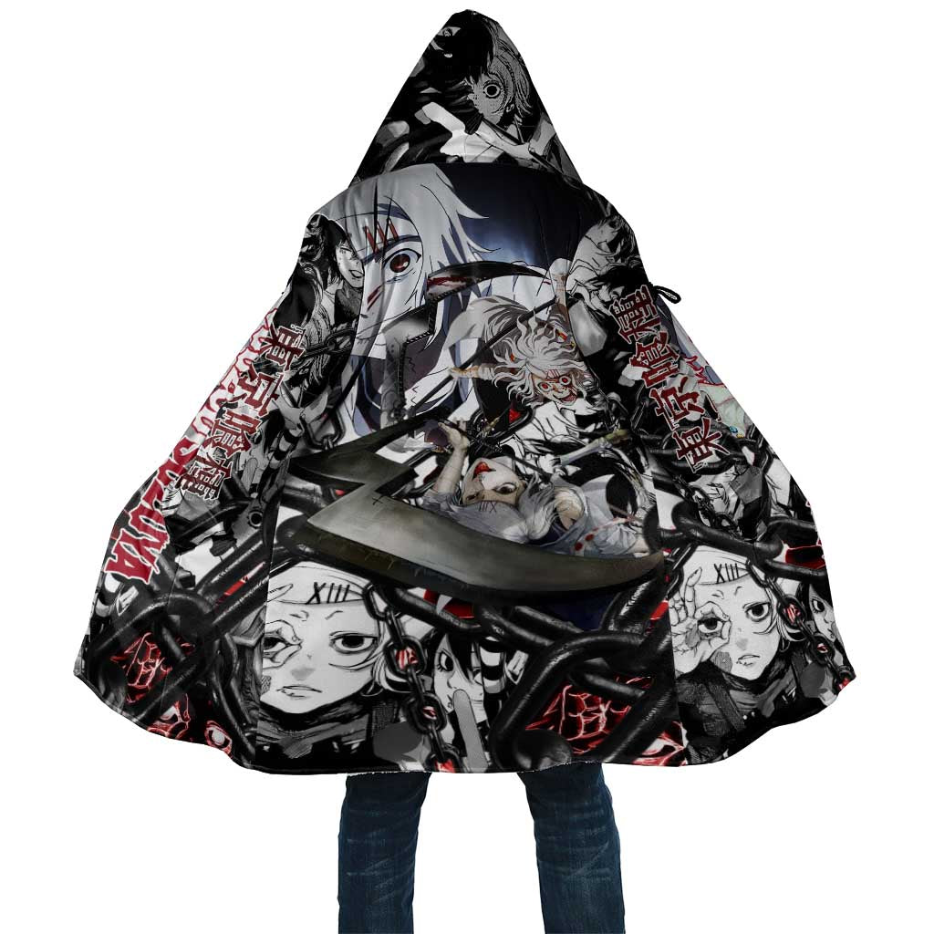 Juuzou Suzuya Tokyo Ghoul Black and White Manga Style Design Cloak with Red Accents and Chain Weapon Motif - The Mazicc