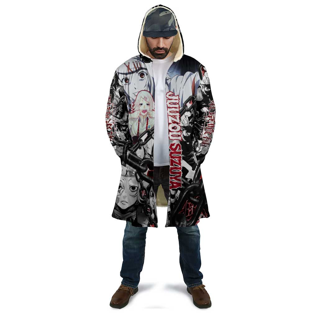 Juuzou Suzuya Tokyo Ghoul Black and White Manga Style Design Cloak with Red Accents and Chain Weapon Motif - The Mazicc