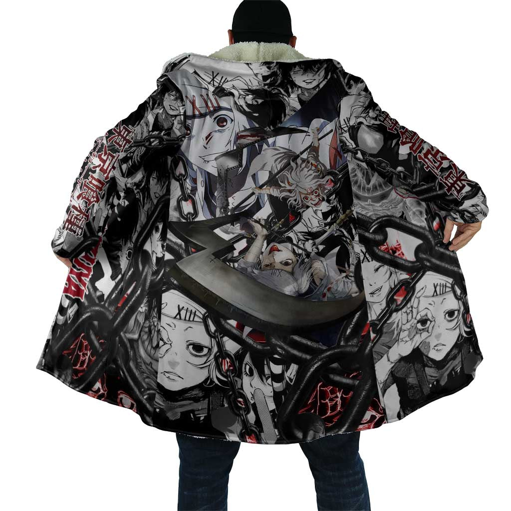 Juuzou Suzuya Tokyo Ghoul Black and White Manga Style Design Cloak with Red Accents and Chain Weapon Motif - The Mazicc