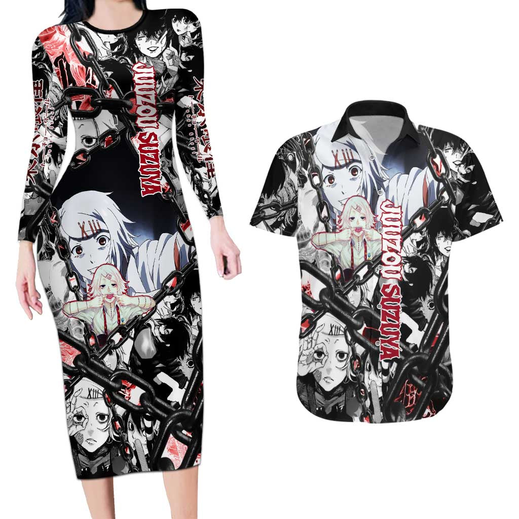 Juuzou Suzuya Tokyo Ghoul Black and White Manga Style Design Couples Matching Long Sleeve Bodycon Dress and Hawaiian Shirt with Red Accents and Chain Weapon Motif - The Mazicc
