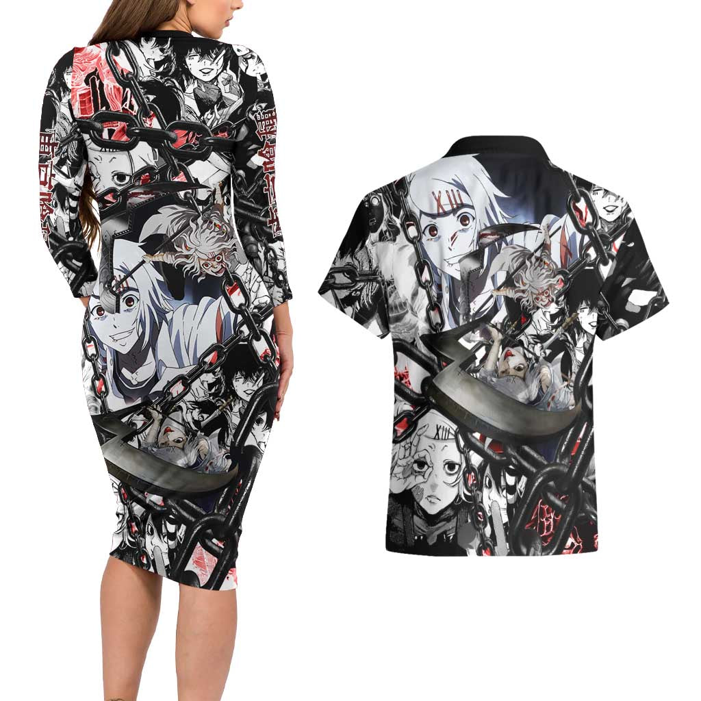Juuzou Suzuya Tokyo Ghoul Black and White Manga Style Design Couples Matching Long Sleeve Bodycon Dress and Hawaiian Shirt with Red Accents and Chain Weapon Motif - The Mazicc