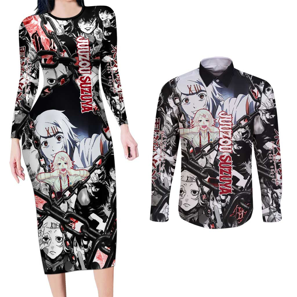 Juuzou Suzuya Tokyo Ghoul Black and White Manga Style Design Couples Matching Long Sleeve Bodycon Dress and Long Sleeve Button Shirt with Red Accents and Chain Weapon Motif - The Mazicc