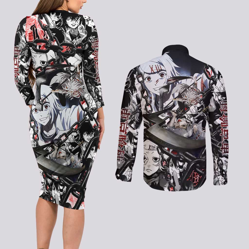 Juuzou Suzuya Tokyo Ghoul Black and White Manga Style Design Couples Matching Long Sleeve Bodycon Dress and Long Sleeve Button Shirt with Red Accents and Chain Weapon Motif - The Mazicc