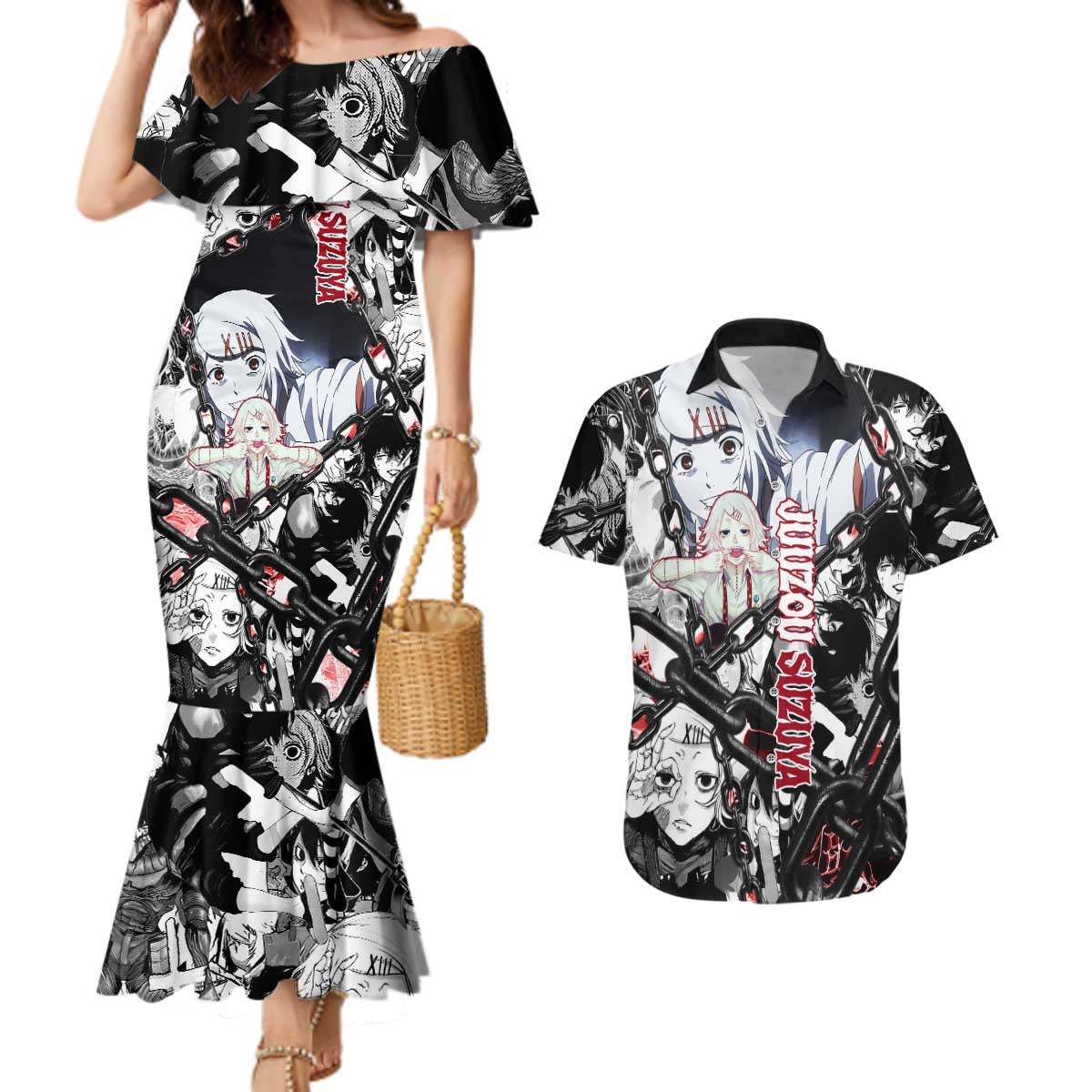 Juuzou Suzuya Tokyo Ghoul Black and White Manga Style Design Couples Matching Mermaid Dress and Hawaiian Shirt with Red Accents and Chain Weapon Motif - The Mazicc