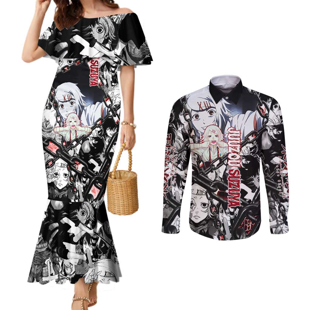 Juuzou Suzuya Tokyo Ghoul Black and White Manga Style Design Couples Matching Mermaid Dress and Long Sleeve Button Shirt with Red Accents and Chain Weapon Motif - The Mazicc