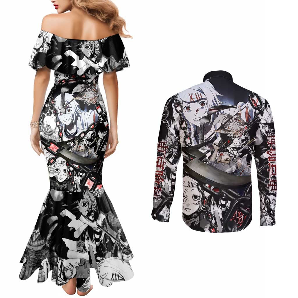 Juuzou Suzuya Tokyo Ghoul Black and White Manga Style Design Couples Matching Mermaid Dress and Long Sleeve Button Shirt with Red Accents and Chain Weapon Motif - The Mazicc
