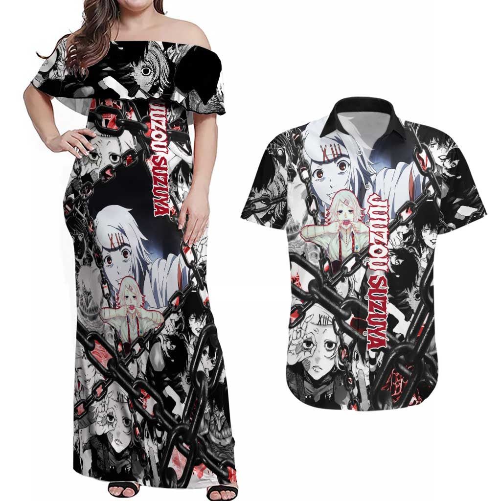 Juuzou Suzuya Tokyo Ghoul Black and White Manga Style Design Couples Matching Off Shoulder Maxi Dress and Hawaiian Shirt with Red Accents and Chain Weapon Motif - The Mazicc