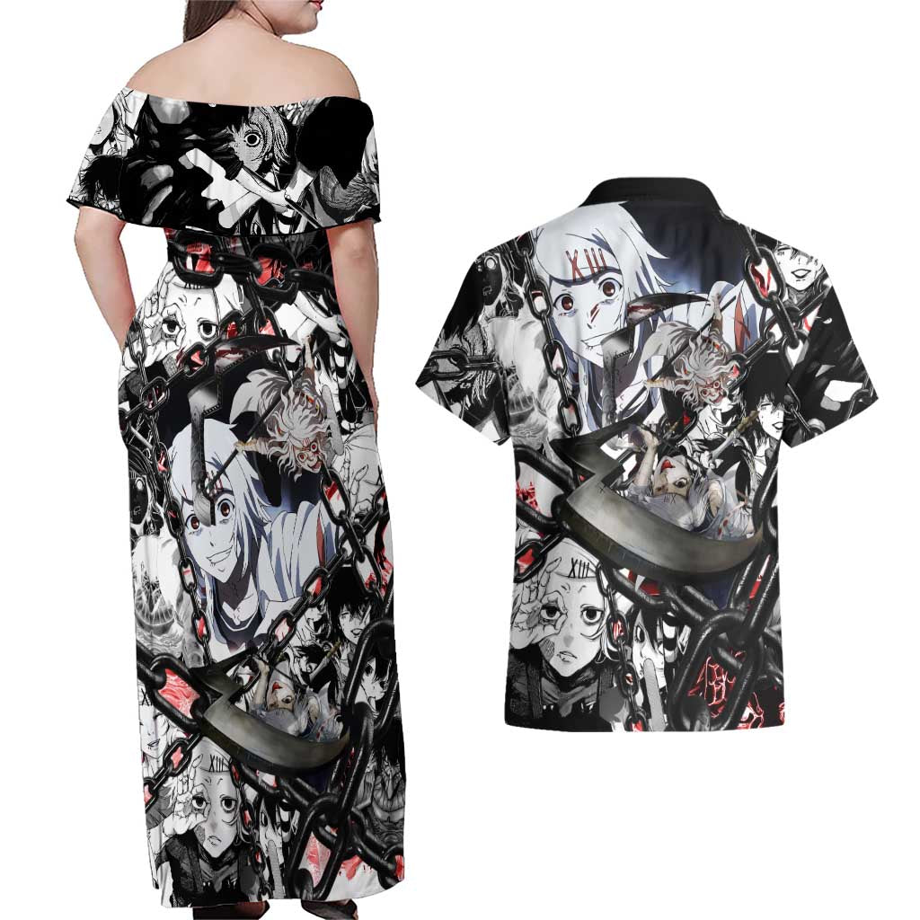 Juuzou Suzuya Tokyo Ghoul Black and White Manga Style Design Couples Matching Off Shoulder Maxi Dress and Hawaiian Shirt with Red Accents and Chain Weapon Motif - The Mazicc
