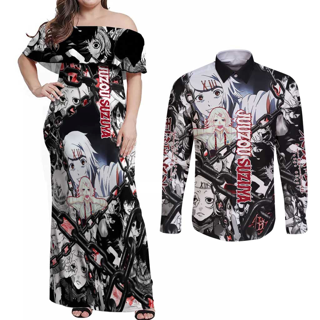 Juuzou Suzuya Tokyo Ghoul Black and White Manga Style Design Couples Matching Off Shoulder Maxi Dress and Long Sleeve Button Shirt with Red Accents and Chain Weapon Motif - The Mazicc