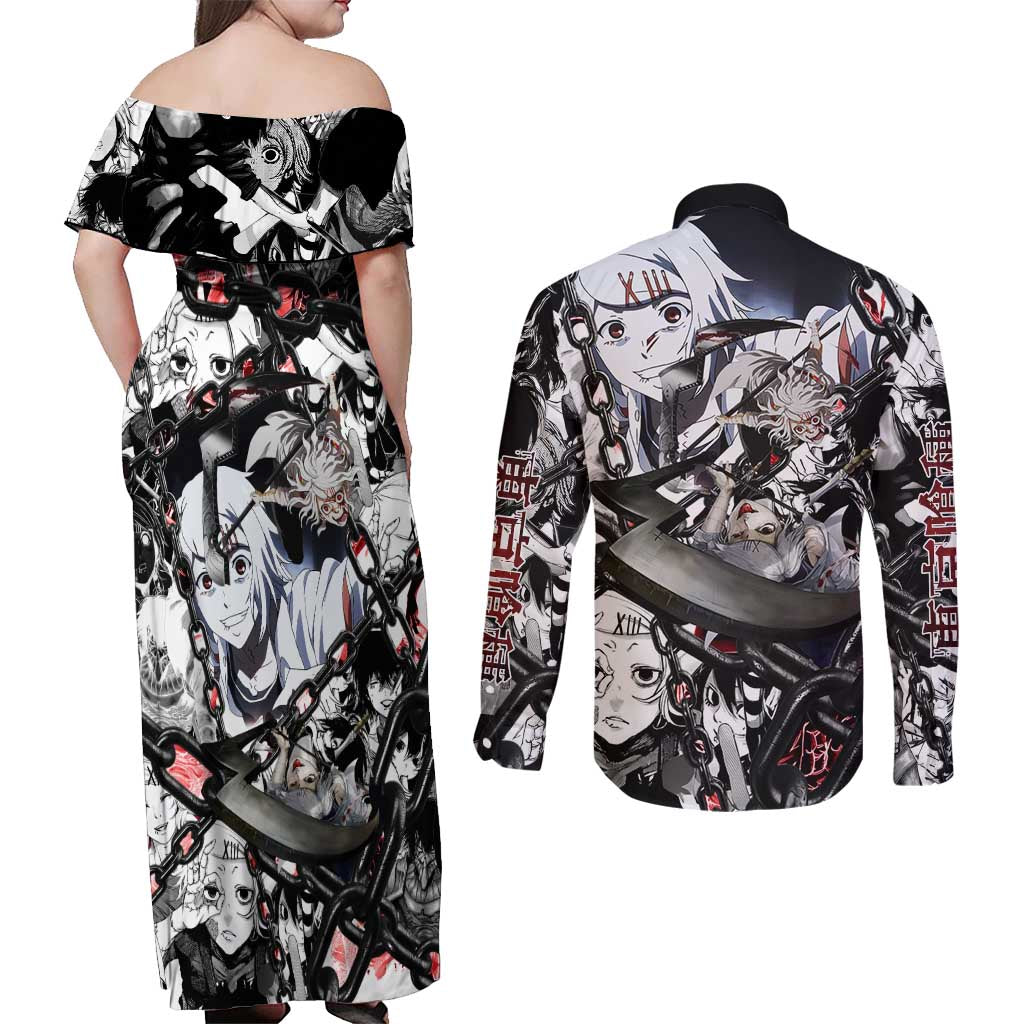 Juuzou Suzuya Tokyo Ghoul Black and White Manga Style Design Couples Matching Off Shoulder Maxi Dress and Long Sleeve Button Shirt with Red Accents and Chain Weapon Motif - The Mazicc