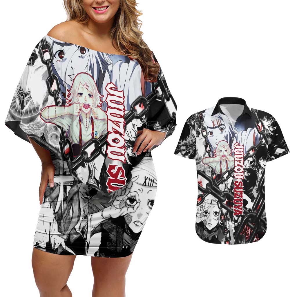 Juuzou Suzuya Tokyo Ghoul Black and White Manga Style Design Couples Matching Off Shoulder Short Dress and Hawaiian Shirt with Red Accents and Chain Weapon Motif - The Mazicc