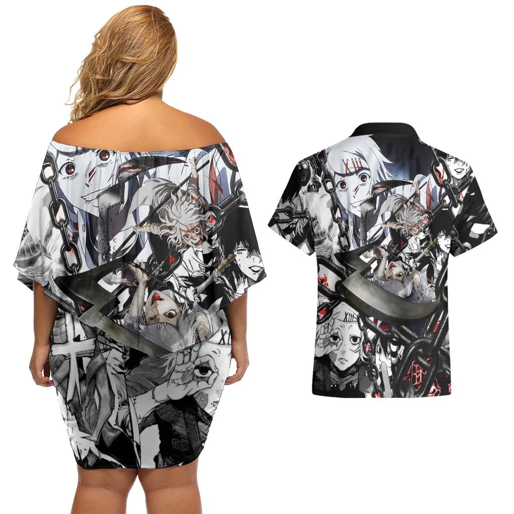 Juuzou Suzuya Tokyo Ghoul Black and White Manga Style Design Couples Matching Off Shoulder Short Dress and Hawaiian Shirt with Red Accents and Chain Weapon Motif - The Mazicc