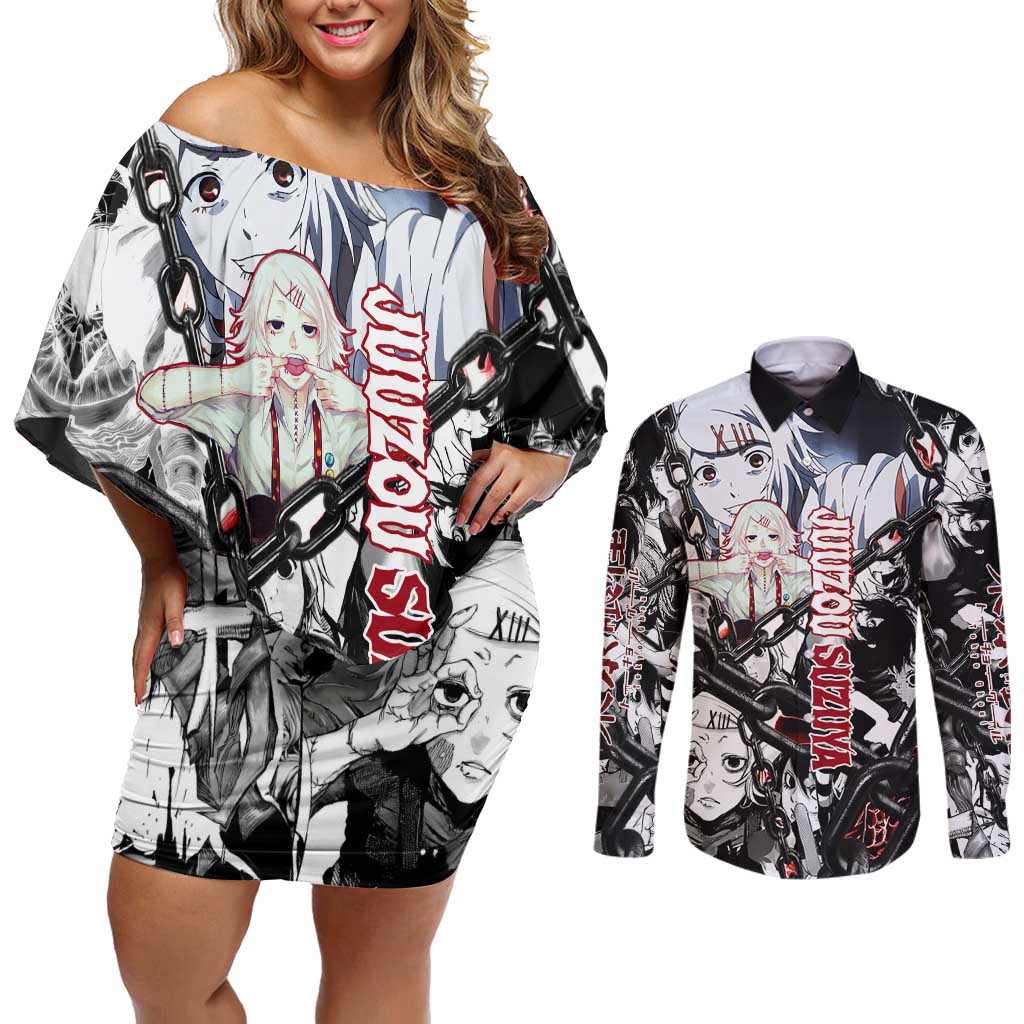 Juuzou Suzuya Tokyo Ghoul Black and White Manga Style Design Couples Matching Off Shoulder Short Dress and Long Sleeve Button Shirt with Red Accents and Chain Weapon Motif - The Mazicc