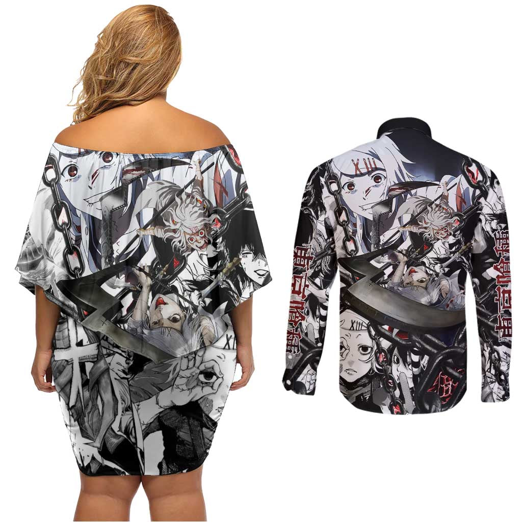 Juuzou Suzuya Tokyo Ghoul Black and White Manga Style Design Couples Matching Off Shoulder Short Dress and Long Sleeve Button Shirt with Red Accents and Chain Weapon Motif - The Mazicc