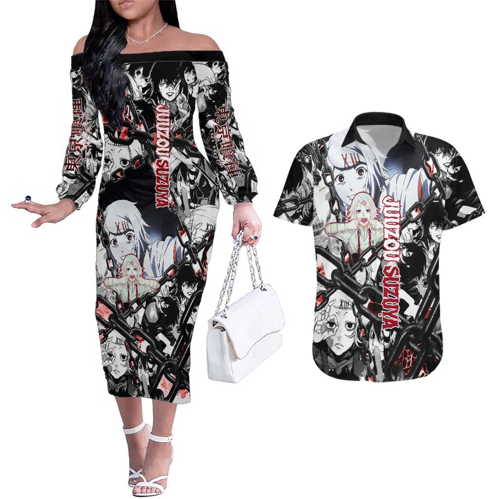Juuzou Suzuya Tokyo Ghoul Black and White Manga Style Design Couples Matching Off The Shoulder Long Sleeve Dress and Hawaiian Shirt with Red Accents and Chain Weapon Motif - The Mazicc