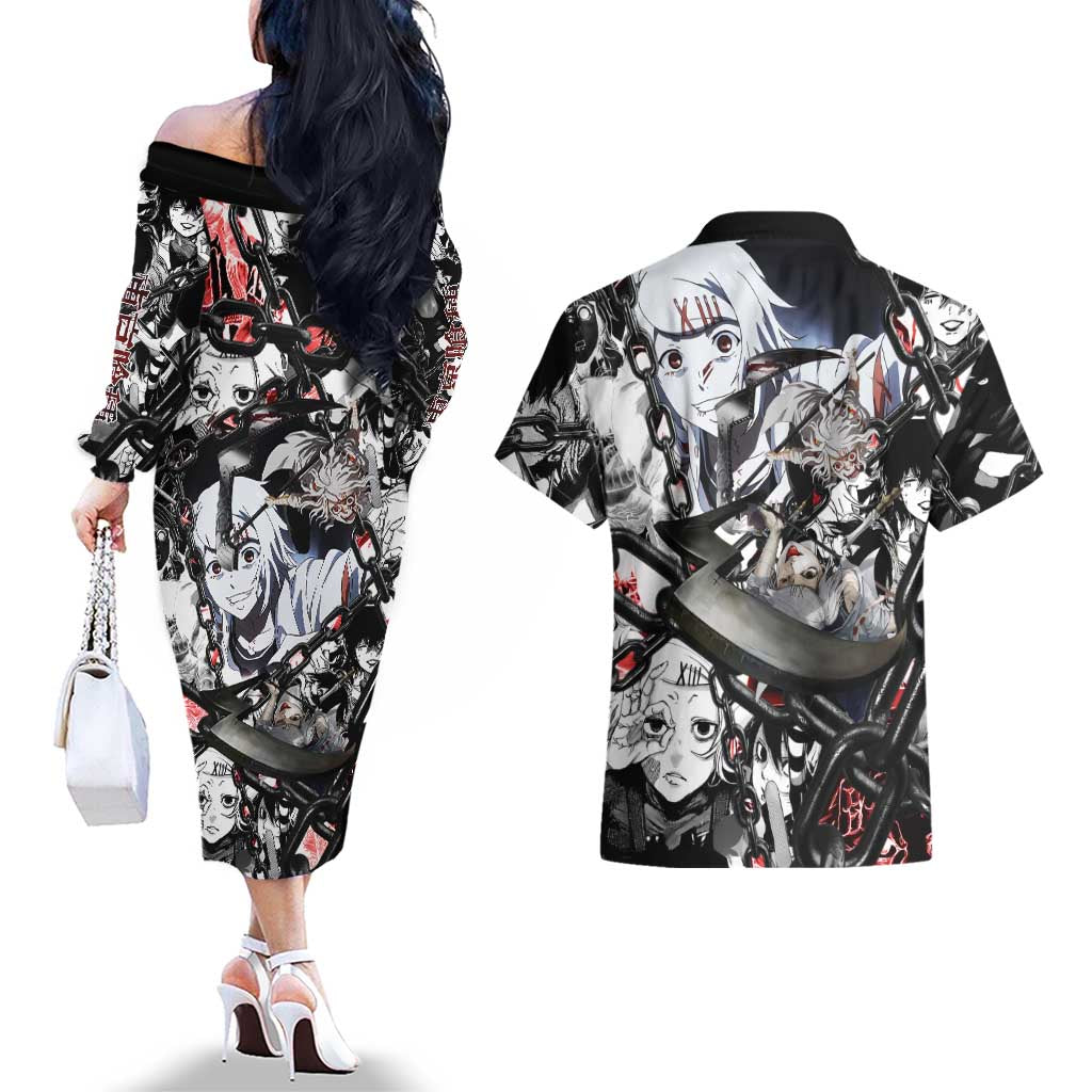 Juuzou Suzuya Tokyo Ghoul Black and White Manga Style Design Couples Matching Off The Shoulder Long Sleeve Dress and Hawaiian Shirt with Red Accents and Chain Weapon Motif - The Mazicc