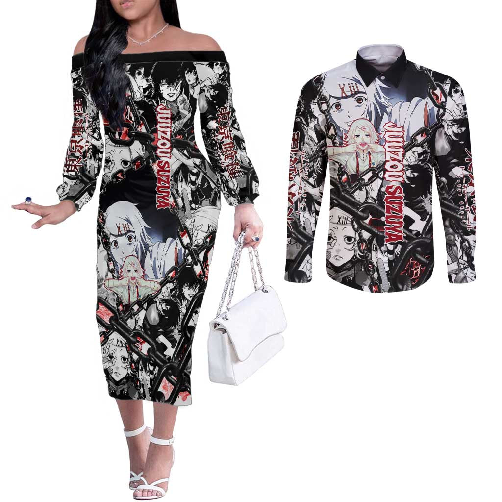 Juuzou Suzuya Tokyo Ghoul Black and White Manga Style Design Couples Matching Off The Shoulder Long Sleeve Dress and Long Sleeve Button Shirt with Red Accents and Chain Weapon Motif - The Mazicc