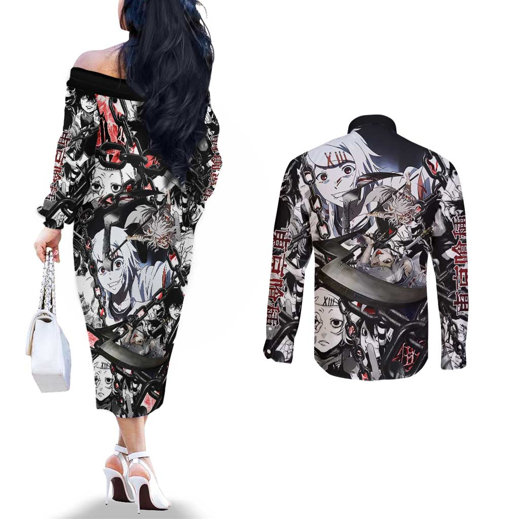 Juuzou Suzuya Tokyo Ghoul Black and White Manga Style Design Couples Matching Off The Shoulder Long Sleeve Dress and Long Sleeve Button Shirt with Red Accents and Chain Weapon Motif - The Mazicc