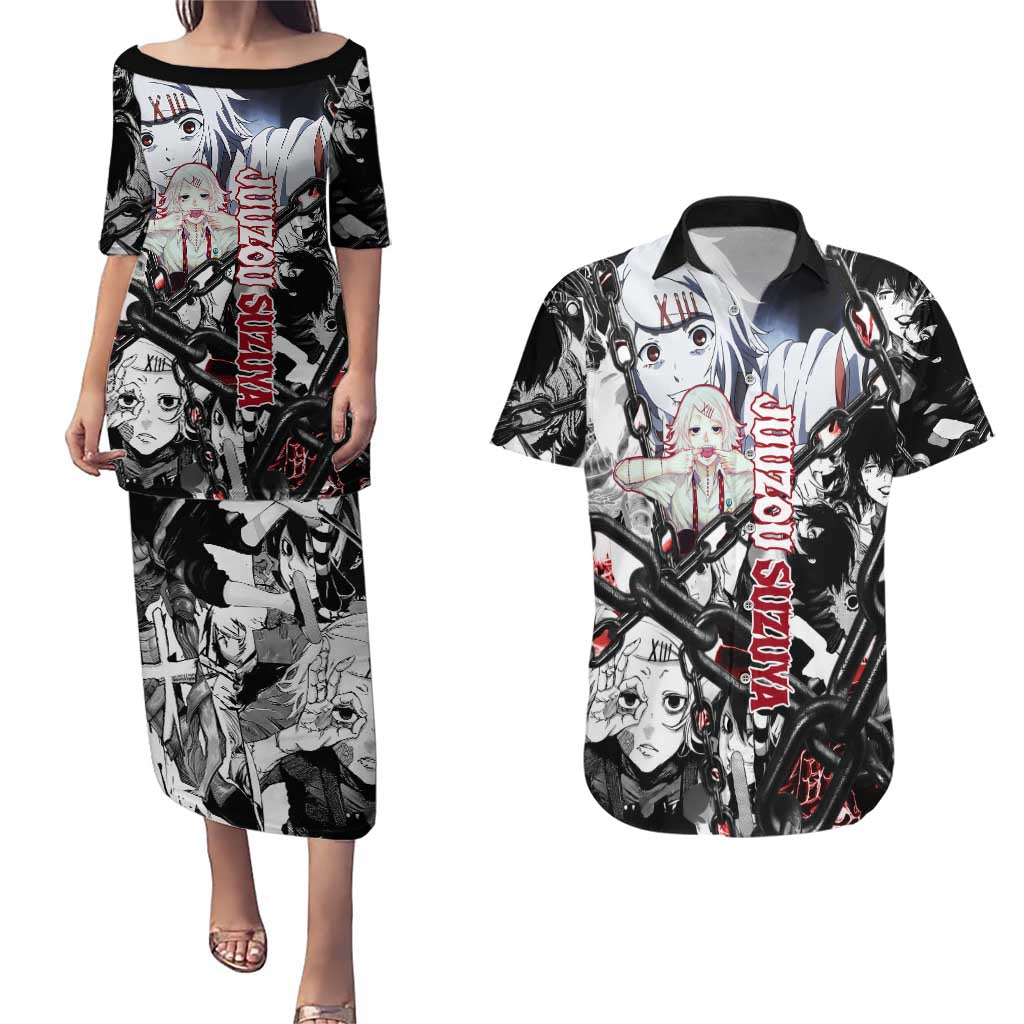 Juuzou Suzuya Tokyo Ghoul Black and White Manga Style Design Couples Matching Puletasi and Hawaiian Shirt with Red Accents and Chain Weapon Motif - The Mazicc