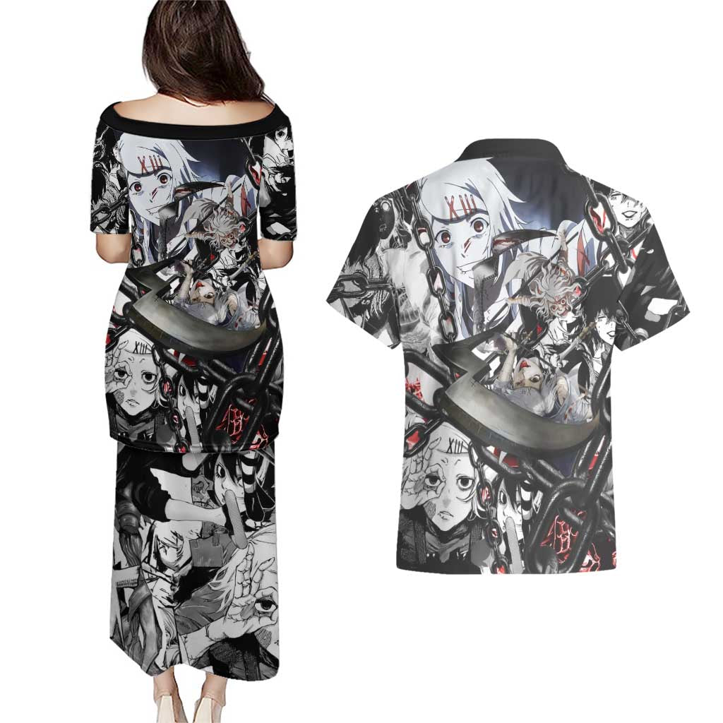 Juuzou Suzuya Tokyo Ghoul Black and White Manga Style Design Couples Matching Puletasi and Hawaiian Shirt with Red Accents and Chain Weapon Motif - The Mazicc