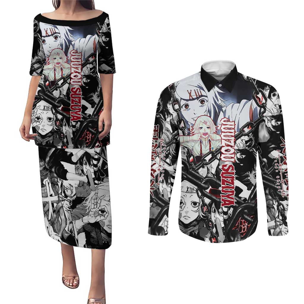 Juuzou Suzuya Tokyo Ghoul Black and White Manga Style Design Couples Matching Puletasi and Long Sleeve Button Shirt with Red Accents and Chain Weapon Motif - The Mazicc