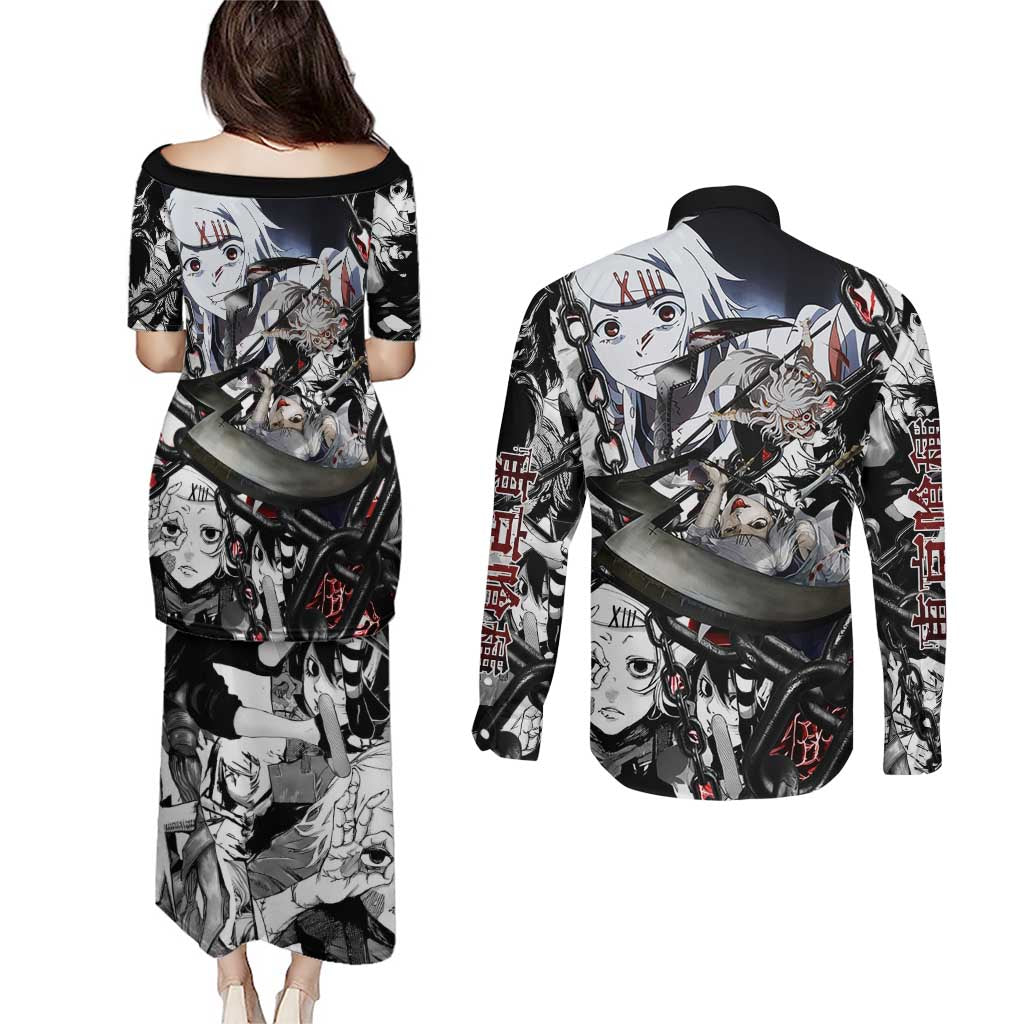 Juuzou Suzuya Tokyo Ghoul Black and White Manga Style Design Couples Matching Puletasi and Long Sleeve Button Shirt with Red Accents and Chain Weapon Motif - The Mazicc