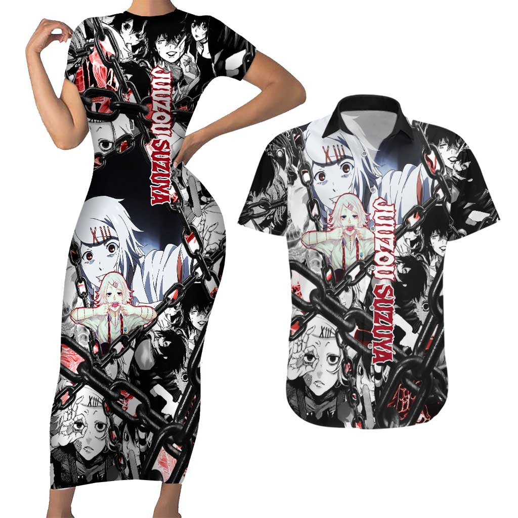 Juuzou Suzuya Tokyo Ghoul Black and White Manga Style Design Couples Matching Short Sleeve Bodycon Dress and Hawaiian Shirt with Red Accents and Chain Weapon Motif - The Mazicc