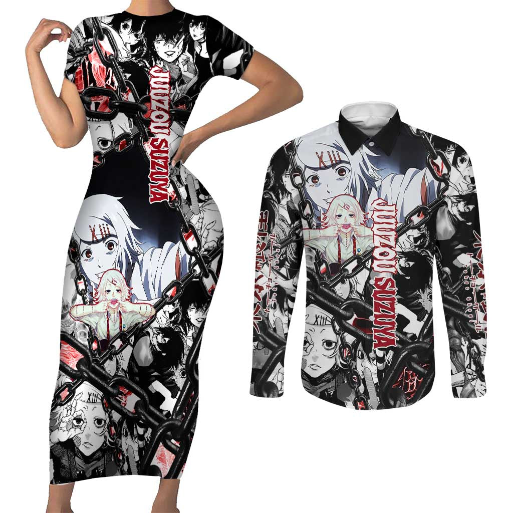 Juuzou Suzuya Tokyo Ghoul Black and White Manga Style Design Couples Matching Short Sleeve Bodycon Dress and Long Sleeve Button Shirt with Red Accents and Chain Weapon Motif - The Mazicc