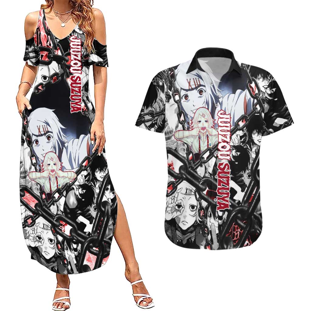 Juuzou Suzuya Tokyo Ghoul Black and White Manga Style Design Couples Matching Summer Maxi Dress and Hawaiian Shirt with Red Accents and Chain Weapon Motif - The Mazicc