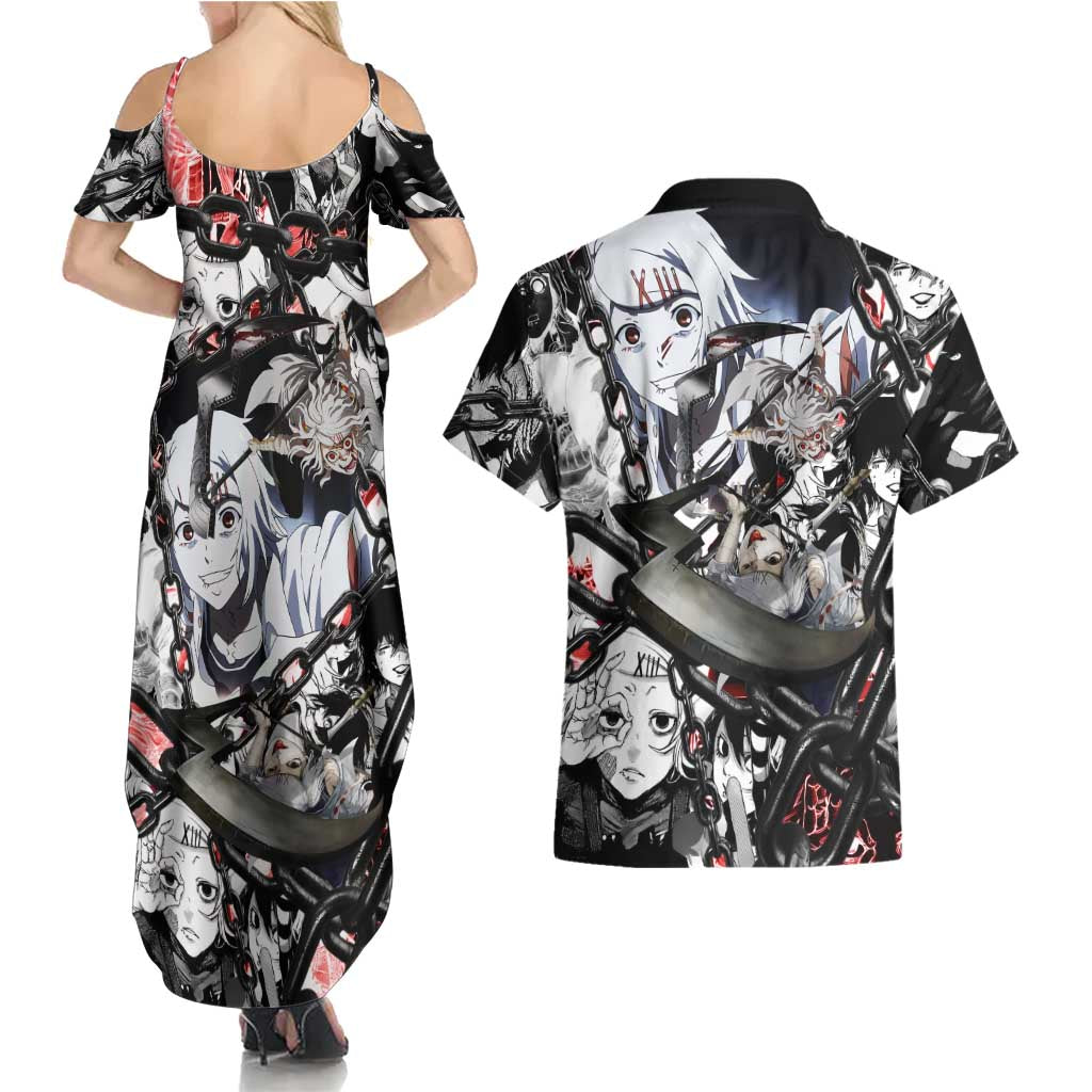 Juuzou Suzuya Tokyo Ghoul Black and White Manga Style Design Couples Matching Summer Maxi Dress and Hawaiian Shirt with Red Accents and Chain Weapon Motif - The Mazicc