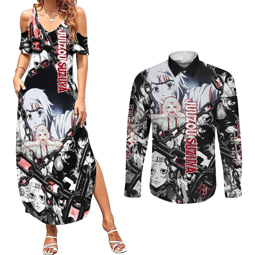 Juuzou Suzuya Tokyo Ghoul Black and White Manga Style Design Couples Matching Summer Maxi Dress and Long Sleeve Button Shirt with Red Accents and Chain Weapon Motif - The Mazicc