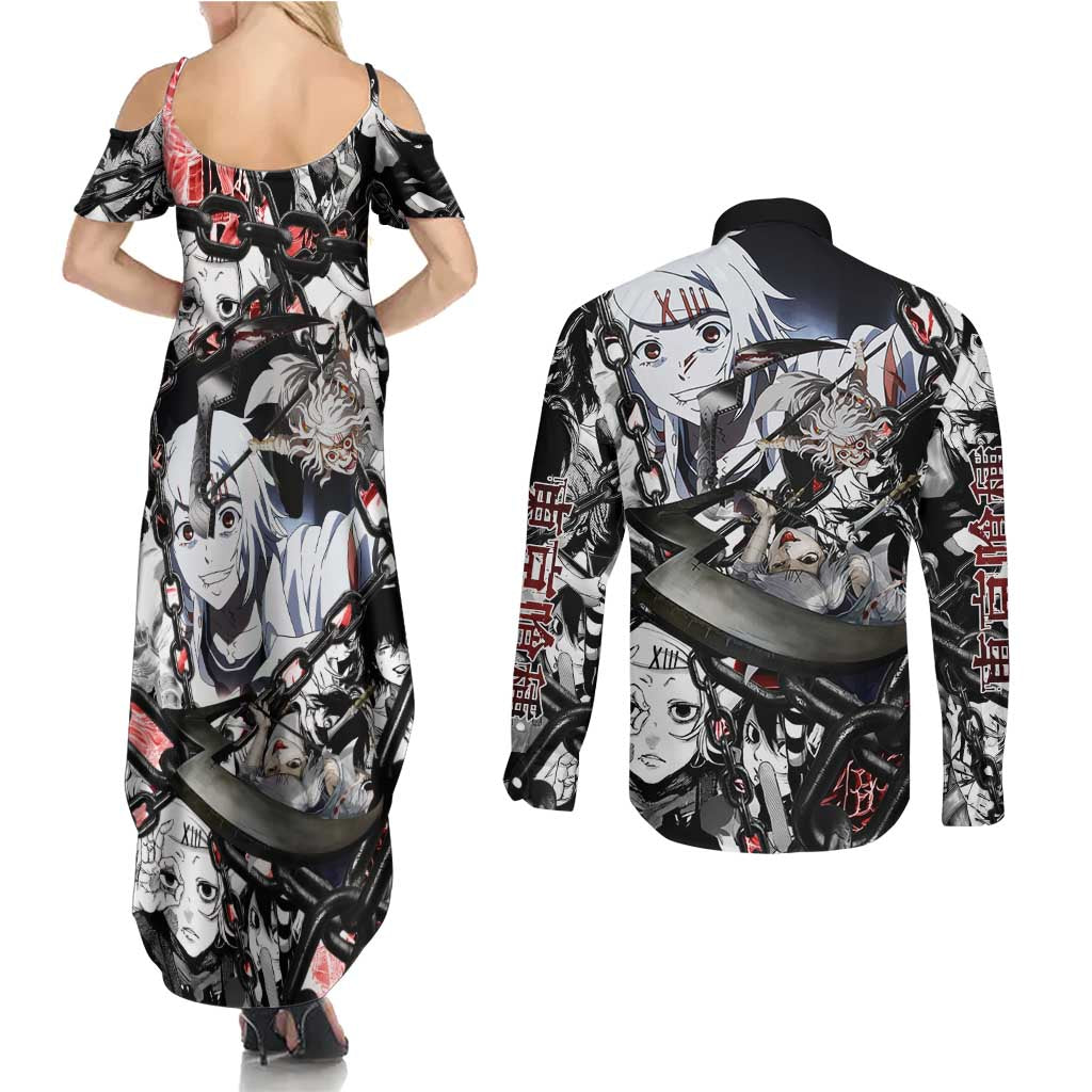Juuzou Suzuya Tokyo Ghoul Black and White Manga Style Design Couples Matching Summer Maxi Dress and Long Sleeve Button Shirt with Red Accents and Chain Weapon Motif - The Mazicc