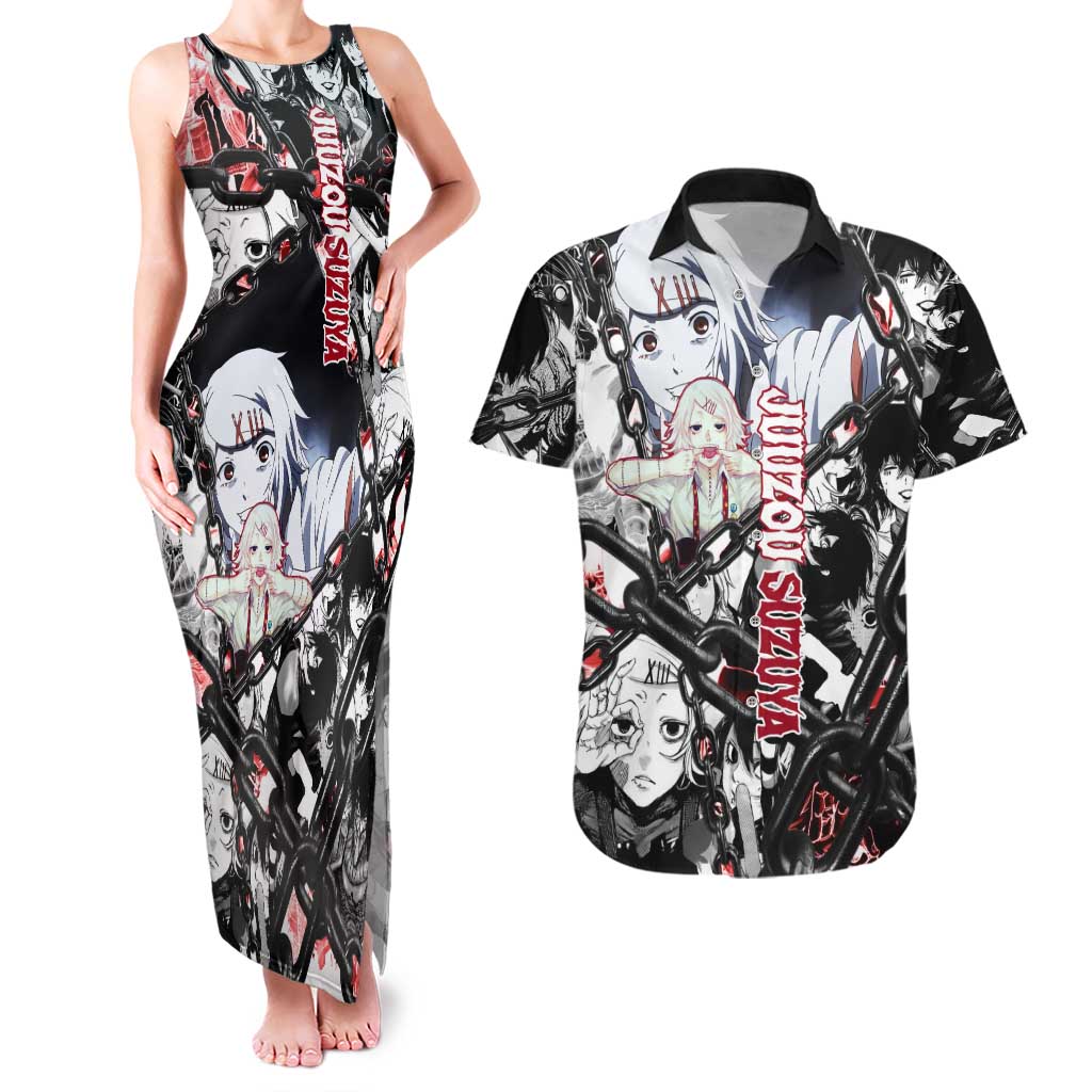 Juuzou Suzuya Tokyo Ghoul Black and White Manga Style Design Couples Matching Tank Maxi Dress and Hawaiian Shirt with Red Accents and Chain Weapon Motif - The Mazicc