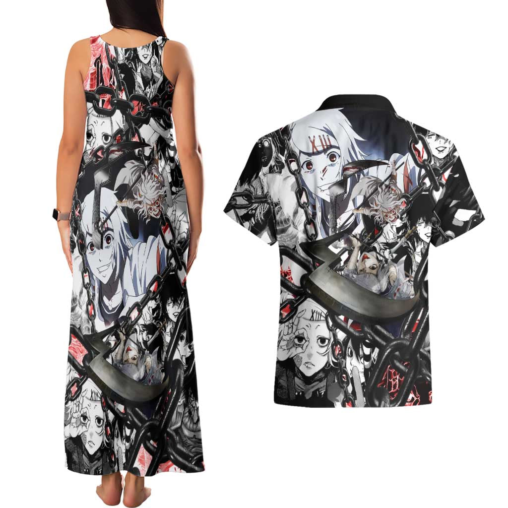 Juuzou Suzuya Tokyo Ghoul Black and White Manga Style Design Couples Matching Tank Maxi Dress and Hawaiian Shirt with Red Accents and Chain Weapon Motif - The Mazicc