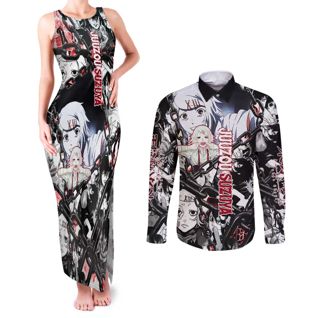 Juuzou Suzuya Tokyo Ghoul Black and White Manga Style Design Couples Matching Tank Maxi Dress and Long Sleeve Button Shirt with Red Accents and Chain Weapon Motif - The Mazicc