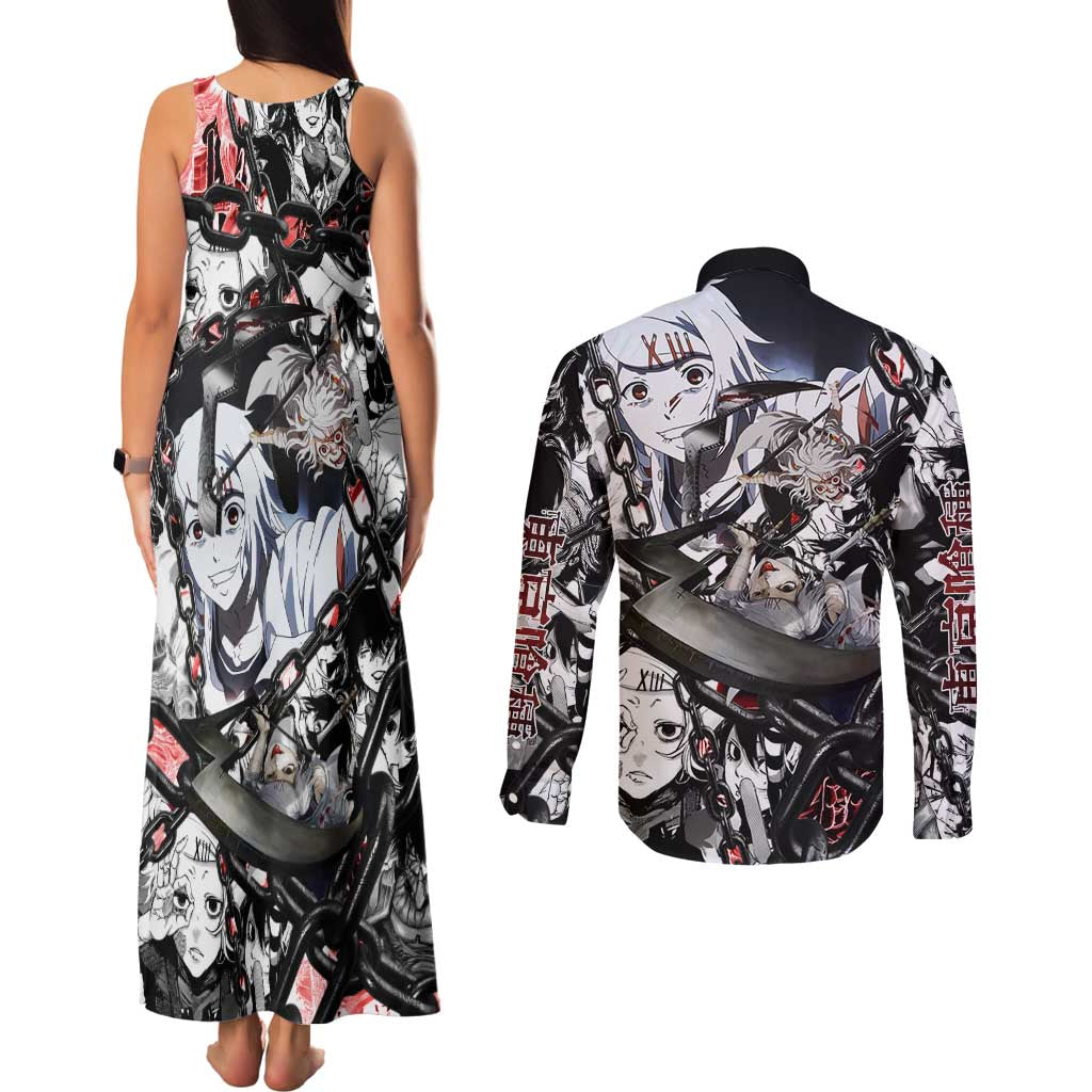 Juuzou Suzuya Tokyo Ghoul Black and White Manga Style Design Couples Matching Tank Maxi Dress and Long Sleeve Button Shirt with Red Accents and Chain Weapon Motif - The Mazicc