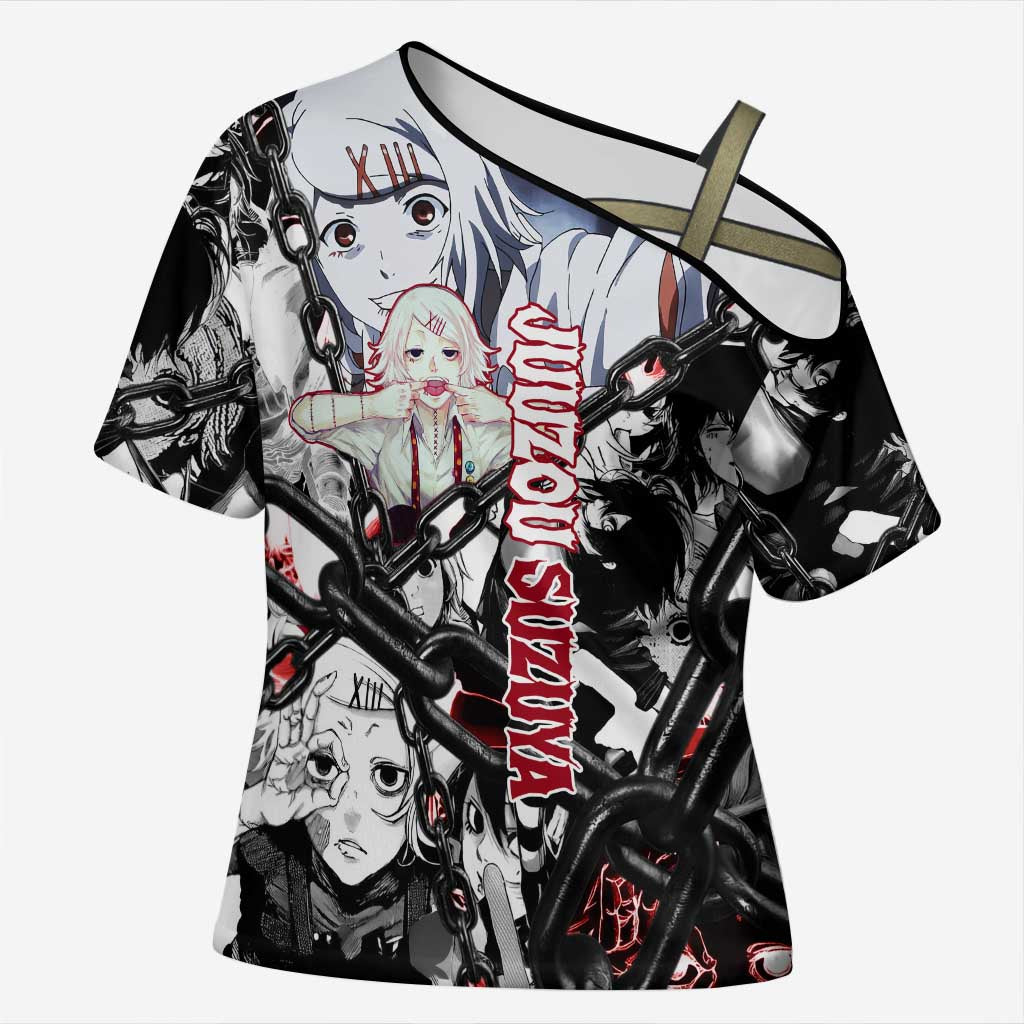 Juuzou Suzuya Tokyo Ghoul Black and White Manga Style Design Cross Shoulder Shirt with Red Accents and Chain Weapon Motif - The Mazicc