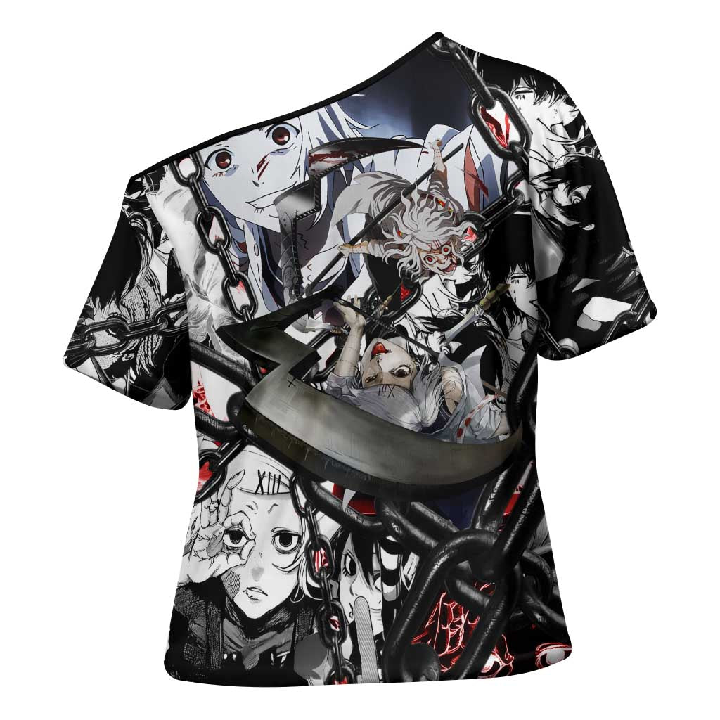 Juuzou Suzuya Tokyo Ghoul Black and White Manga Style Design Cross Shoulder Shirt with Red Accents and Chain Weapon Motif - The Mazicc
