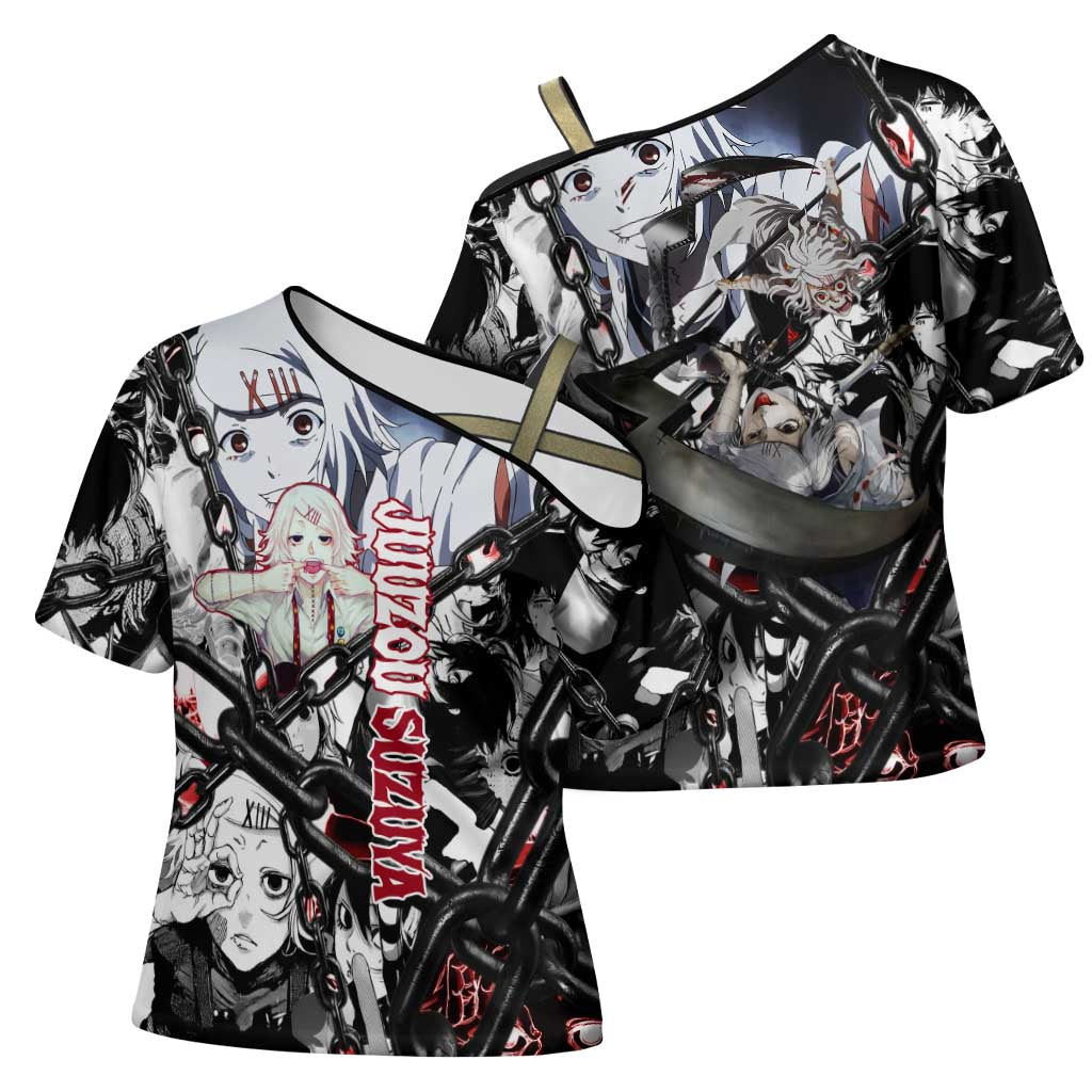 Juuzou Suzuya Tokyo Ghoul Black and White Manga Style Design Cross Shoulder Shirt with Red Accents and Chain Weapon Motif - The Mazicc