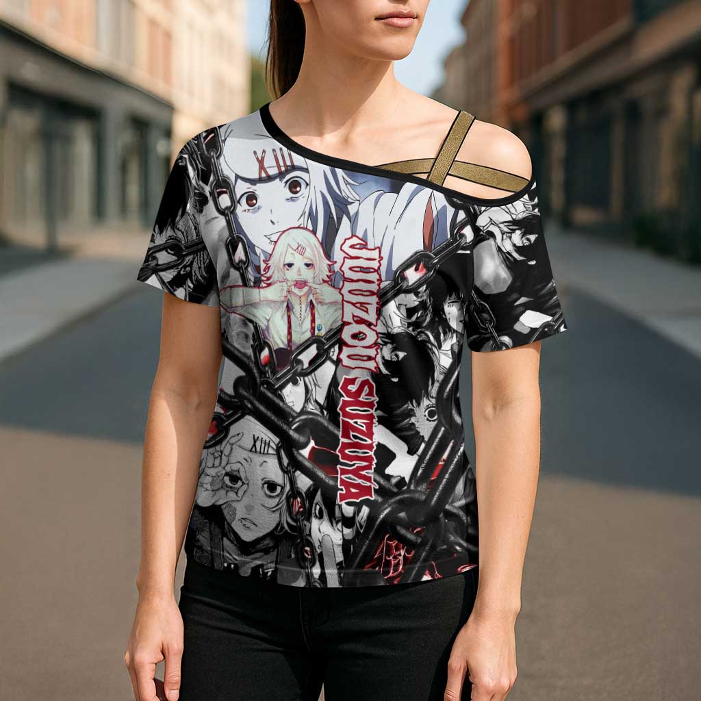 Juuzou Suzuya Tokyo Ghoul Black and White Manga Style Design Cross Shoulder Shirt with Red Accents and Chain Weapon Motif - The Mazicc